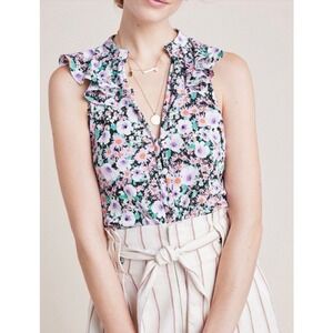 Anthropologie Floral Ruffle Sleeveless Blouse XS Purple Garden Party Cottagecore